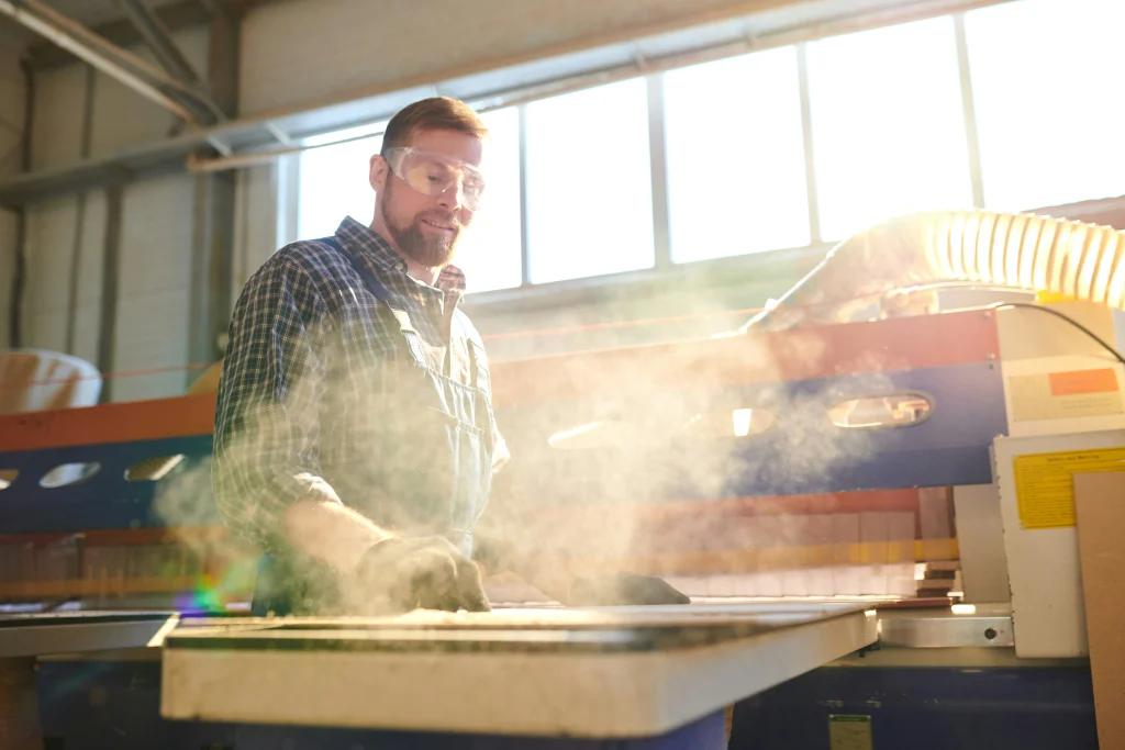 man at wood working desk and dust