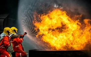 big fire being contained by fire fighters