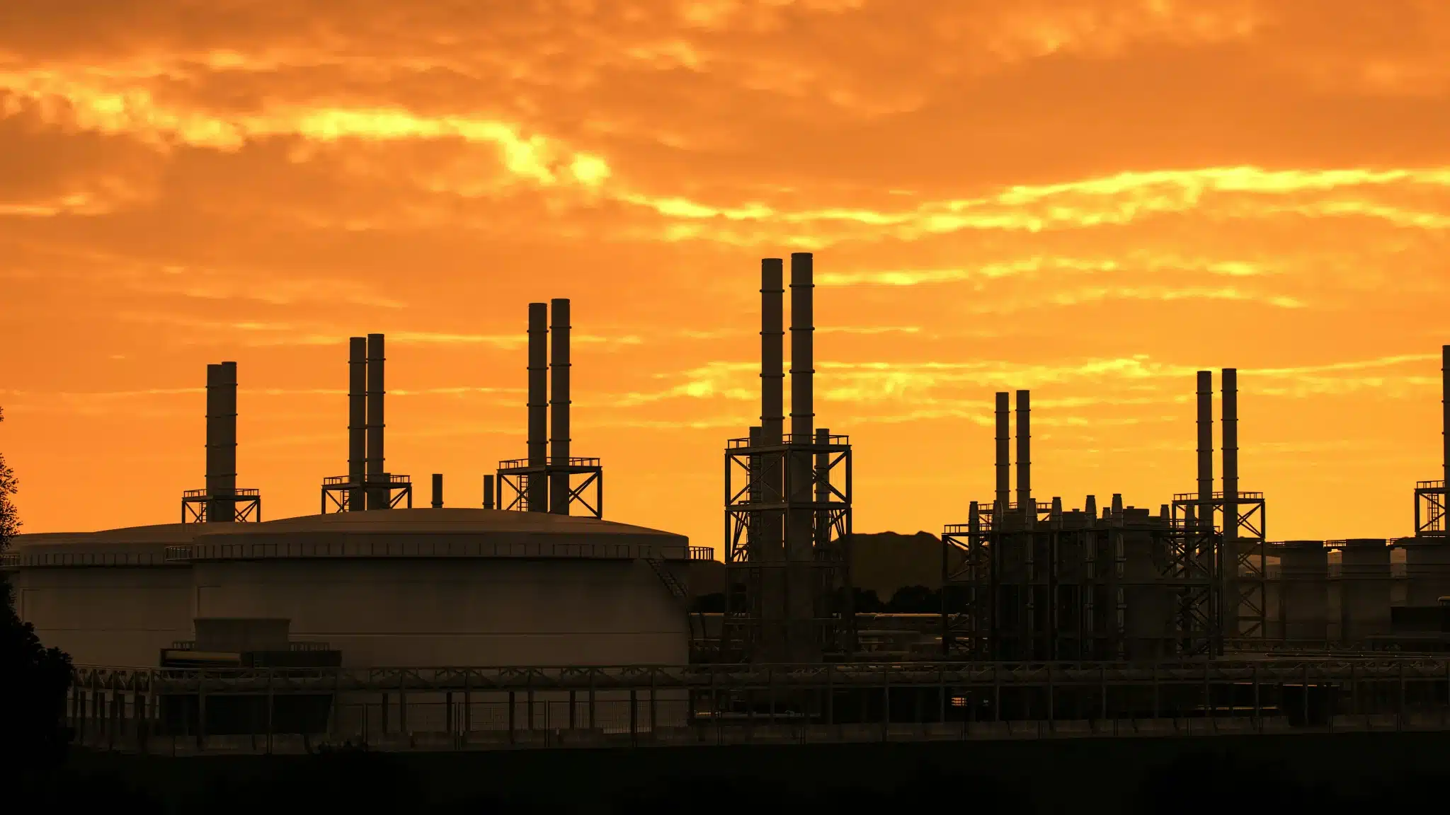 Agrochemicals and pesticides process safety factory in background with orange sky
