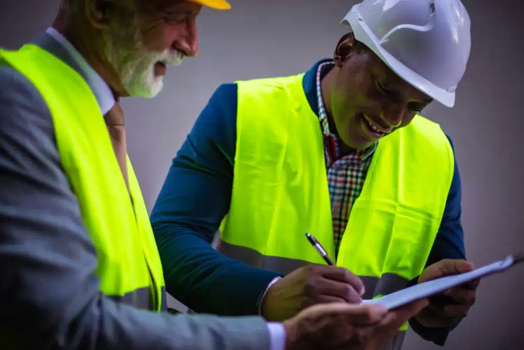 Two men in high vis reading a chart