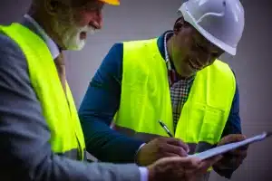 Two men in high vis reading a chart